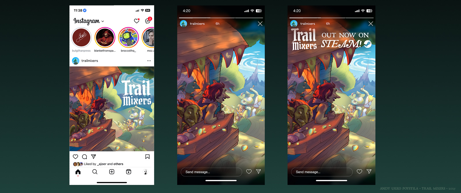 for the fantasy chef game trail mixers. three goblins on a caravan food truck head into the forest while hungry customers follow behind.