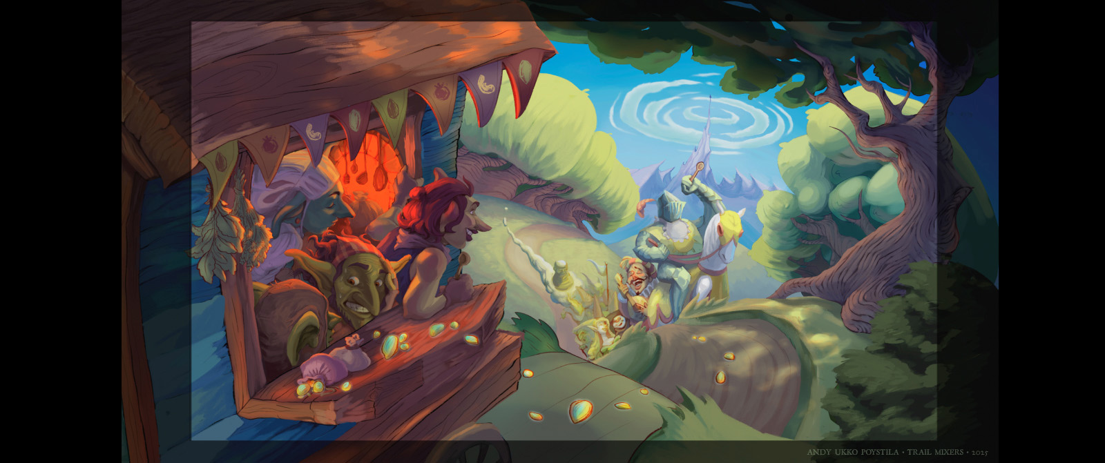 for the fantasy chef game trail mixers. three goblins on a caravan food truck head into the forest while hungry customers follow behind.