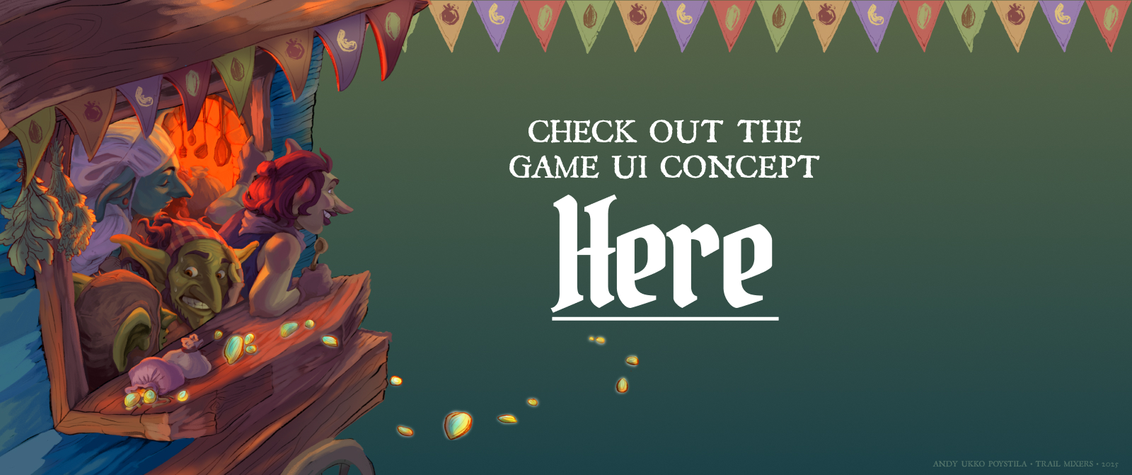 for the fantasy chef game trail mixers. three goblins on a caravan food truck head into the forest while hungry customers follow behind.