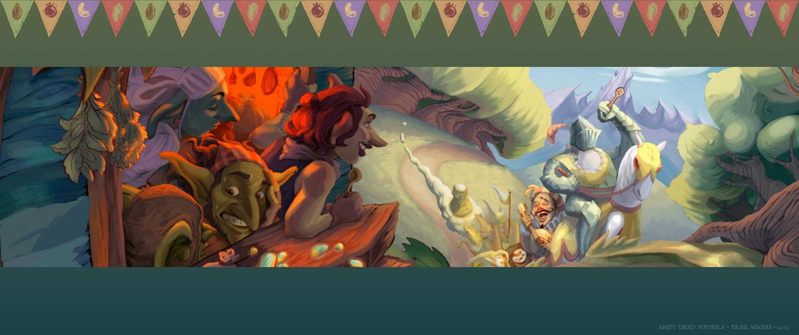 for the fantasy chef game trail mixers. three goblins on a caravan food truck head into the forest while hungry customers follow behind.