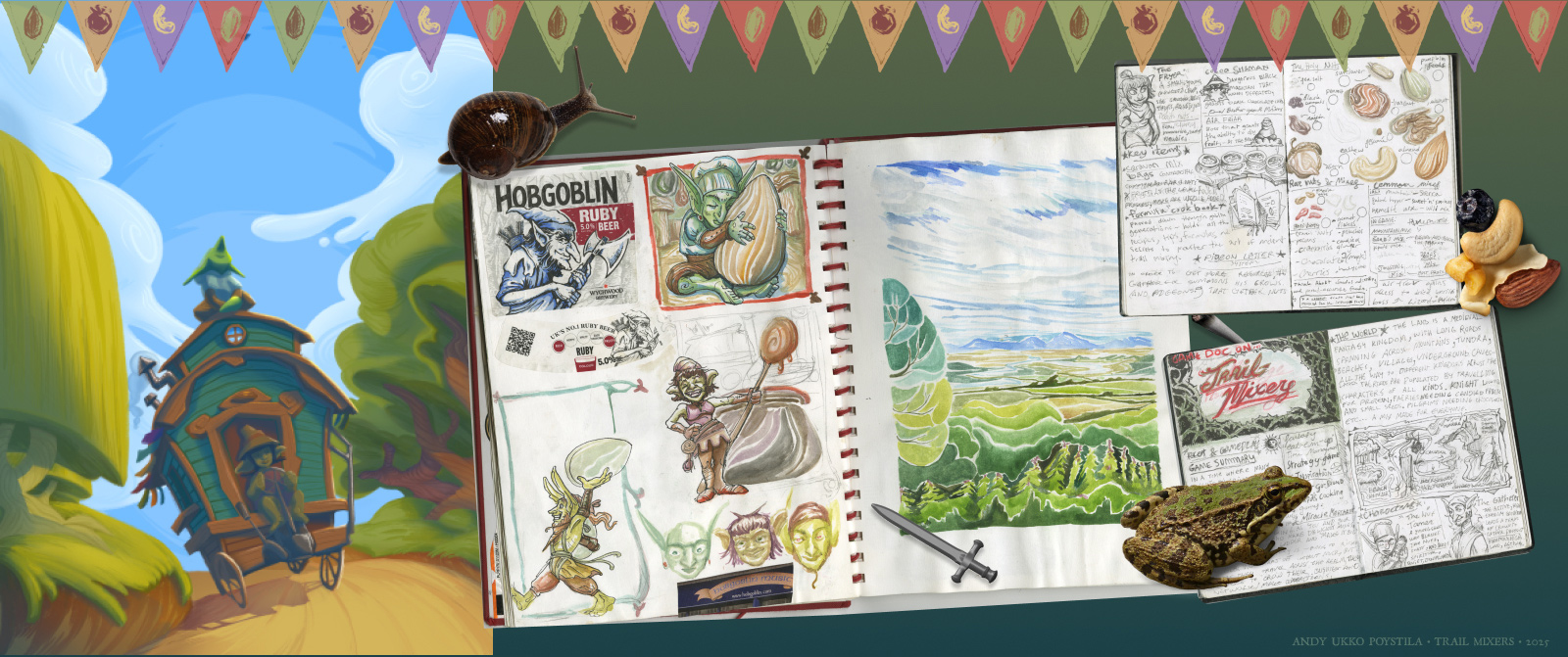 for the fantasy chef game trail mixers. three goblins on a caravan food truck head into the forest while hungry customers follow behind.