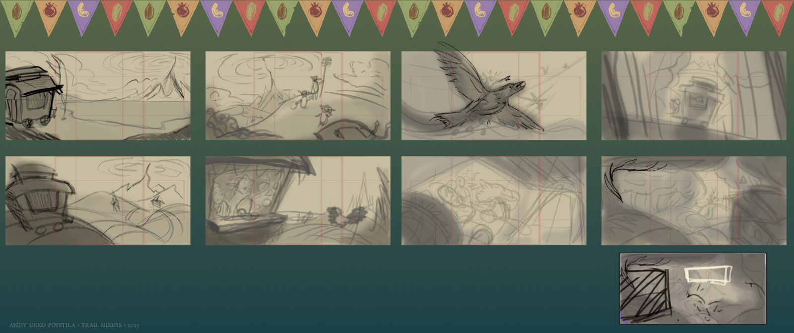 for the fantasy chef game trail mixers. three goblins on a caravan food truck head into the forest while hungry customers follow behind.