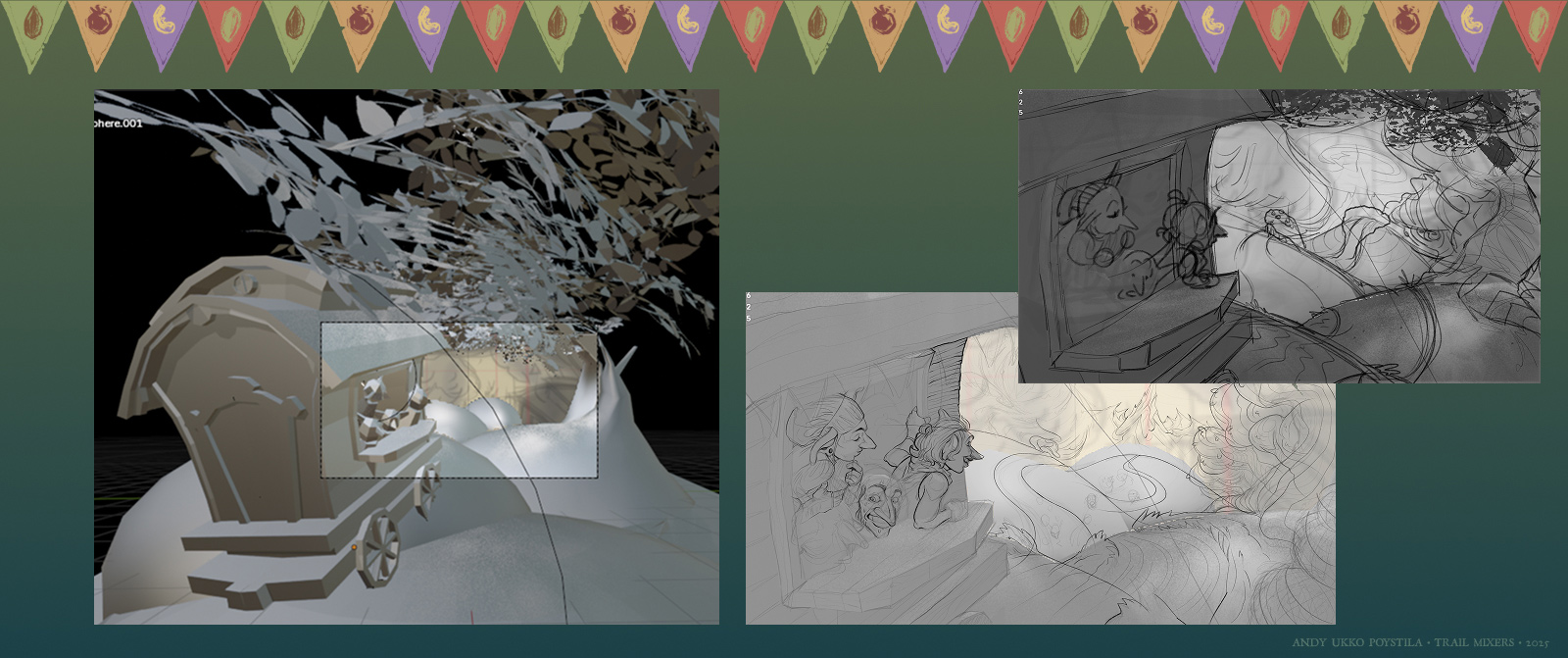 for the fantasy chef game trail mixers. three goblins on a caravan food truck head into the forest while hungry customers follow behind.