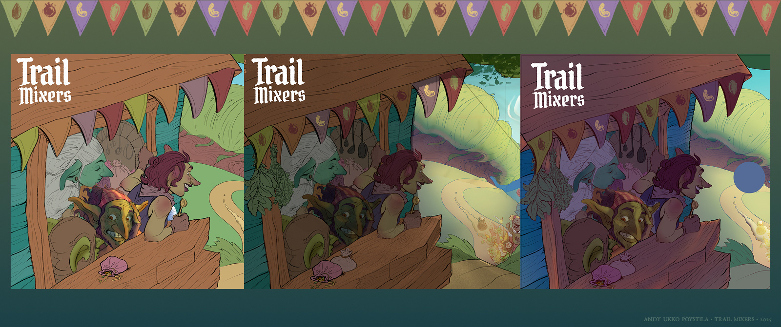 for the fantasy chef game trail mixers. three goblins on a caravan food truck head into the forest while hungry customers follow behind.