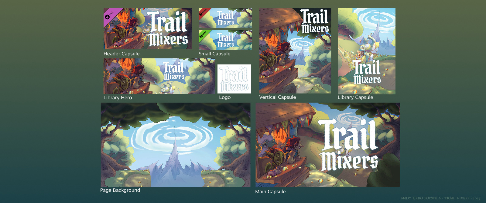 for the fantasy chef game trail mixers. three goblins on a caravan food truck head into the forest while hungry customers follow behind.