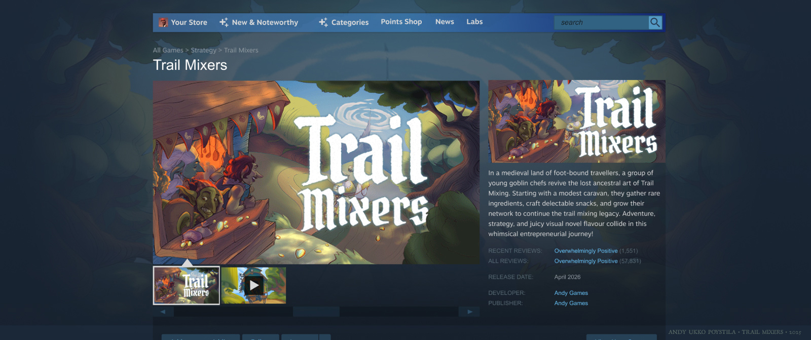 for the fantasy chef game trail mixers. three goblins on a caravan food truck head into the forest while hungry customers follow behind.